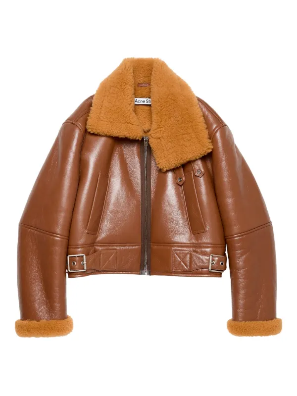Acne Studios 牛革羊毛シアリングトリムレザージャケット 36 Acne Studios シアリングカラー レザージャケット | ブラウン