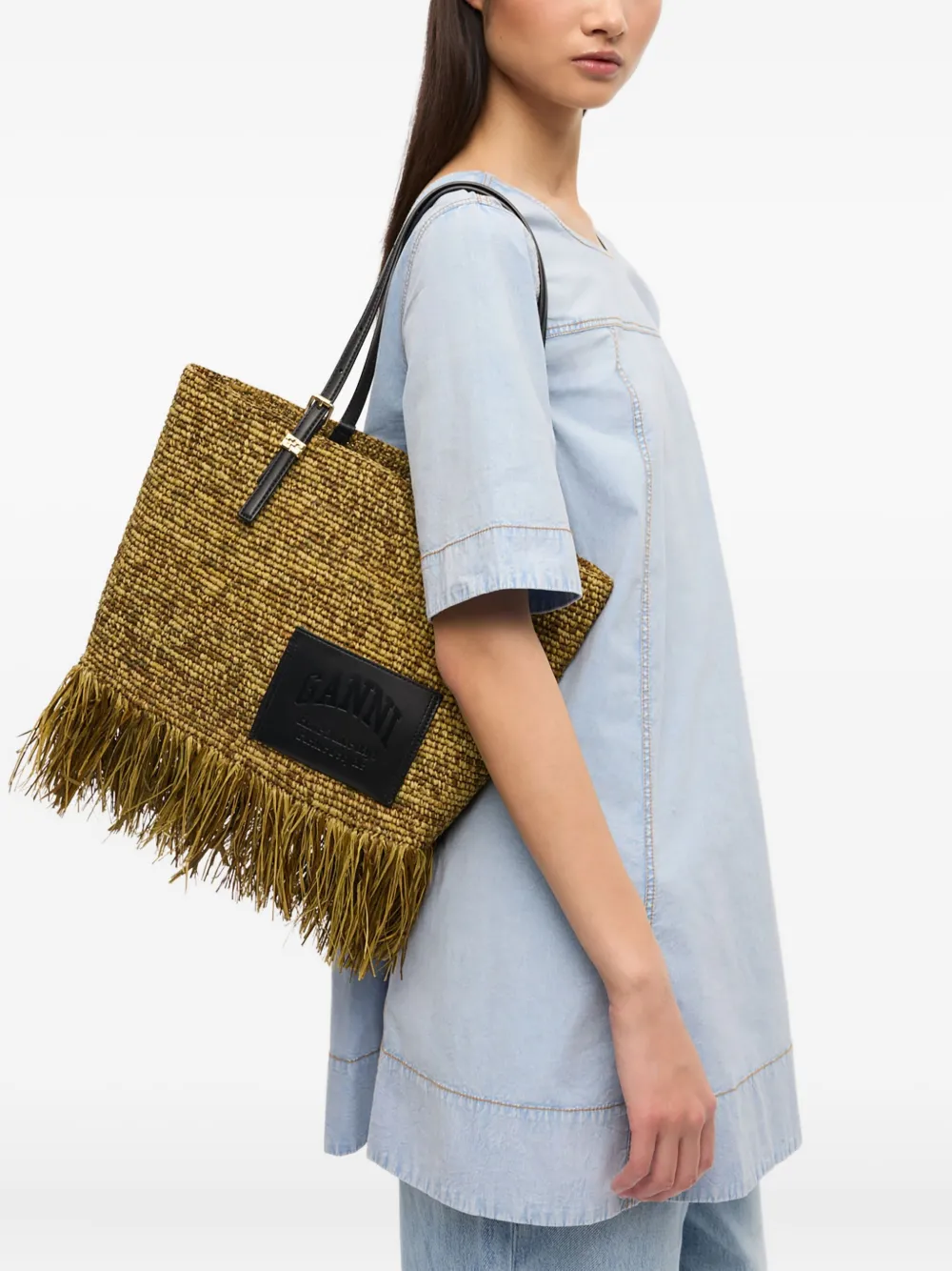 GANNI Raffia shopper Beige
