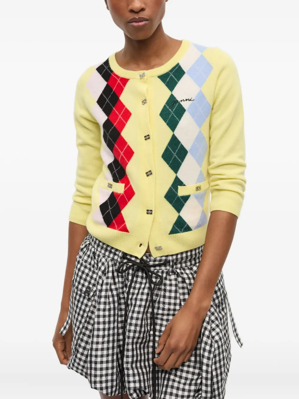GANNI argyle-pattern cardigan Geel