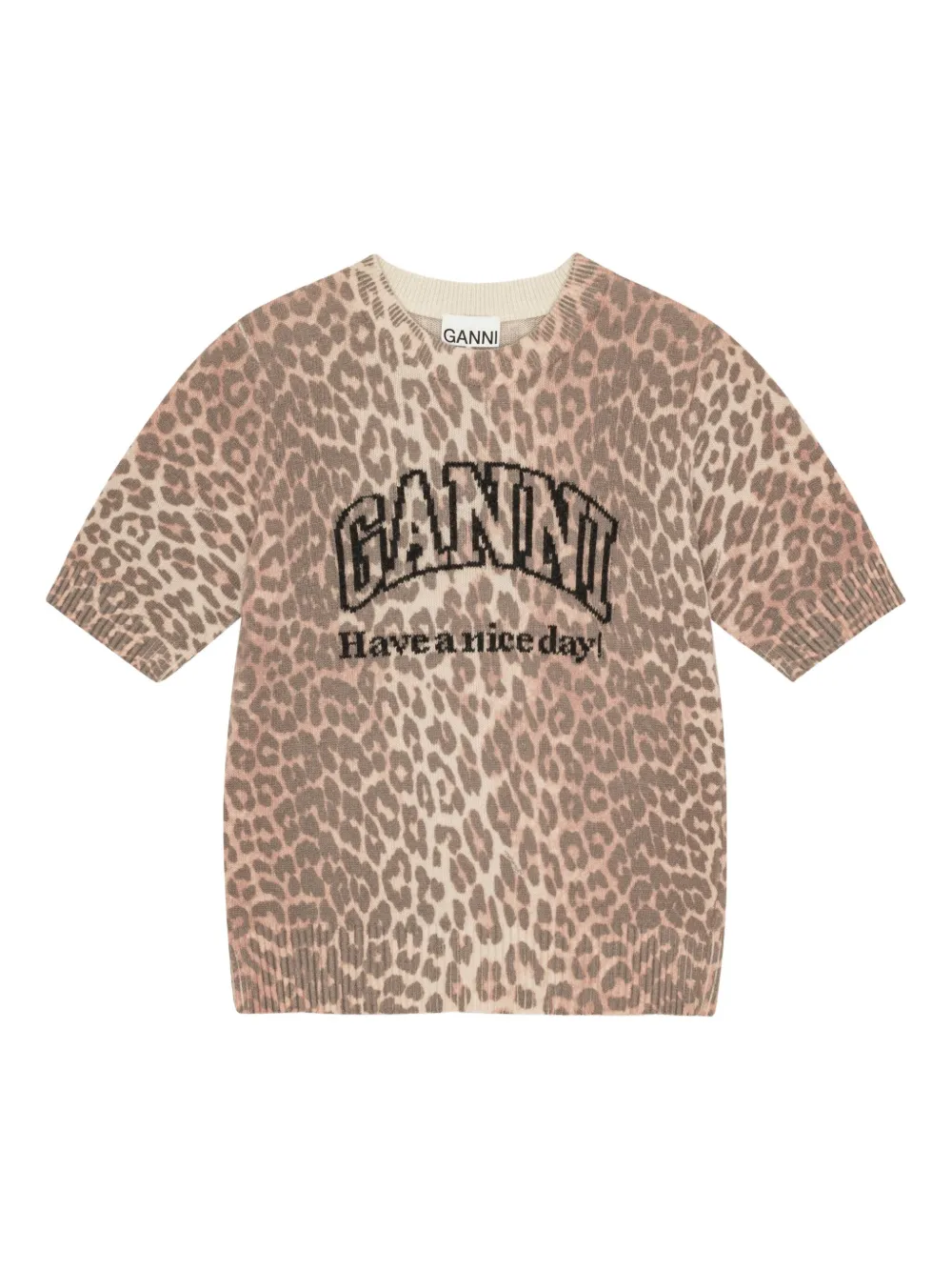 GANNI Intarsia gebreid T-shirt met logo Beige