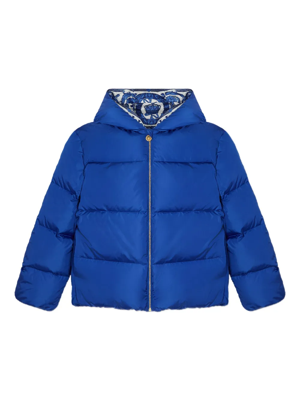 Versace Kids Barocco Foulard hooded puffer jacket Blauw