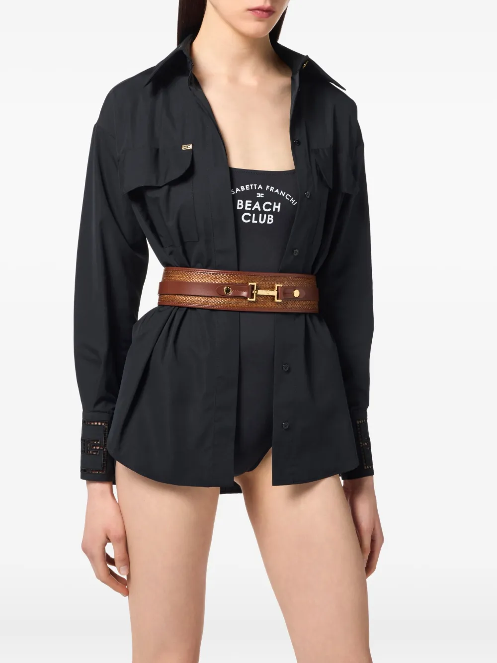 Elisabetta Franchi Raffia riem met leren afwerking - Bruin