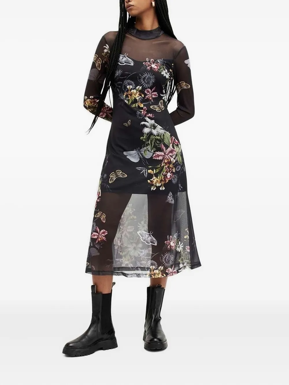 Allsaints Floral-print Midi Dress In Black