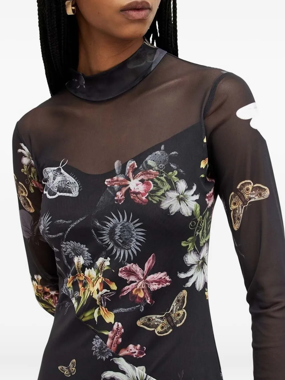 Allsaints Floral-print Midi Dress In Black