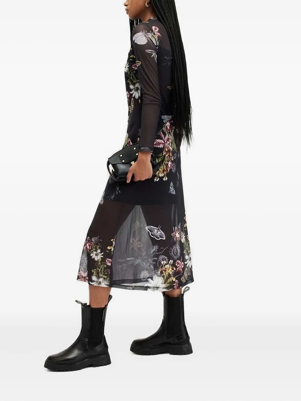 Allsaints Floral-print Midi Dress In Black
