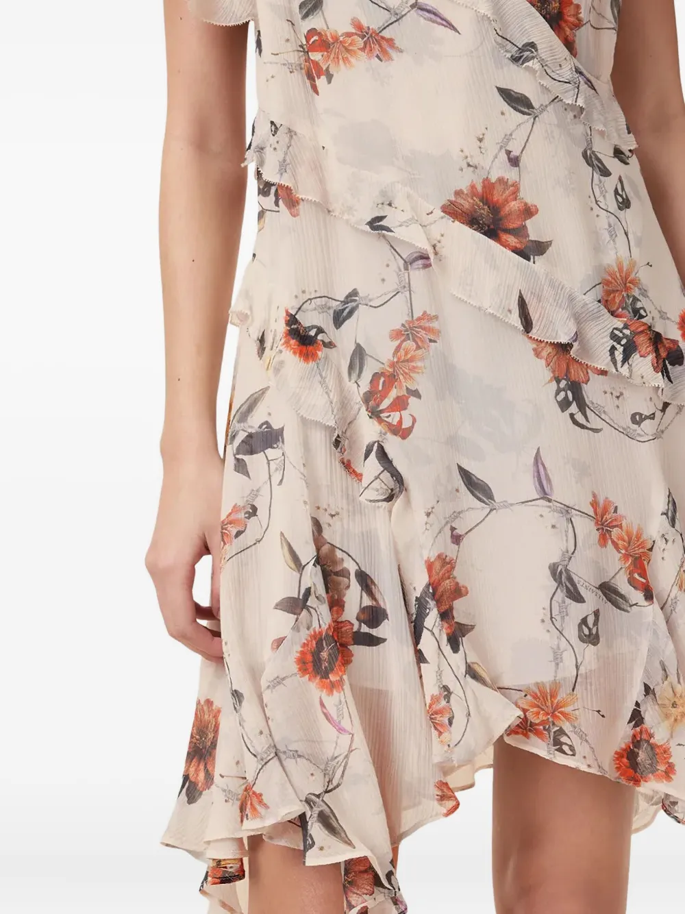 AllSaints Darma jurk met bloemenprint en ruches Beige