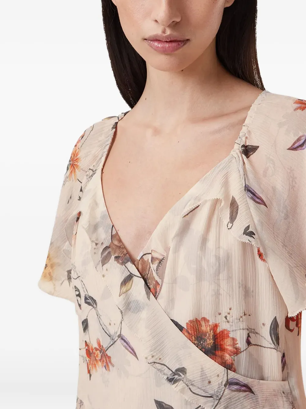 AllSaints Darma jurk met bloemenprint en ruches Beige