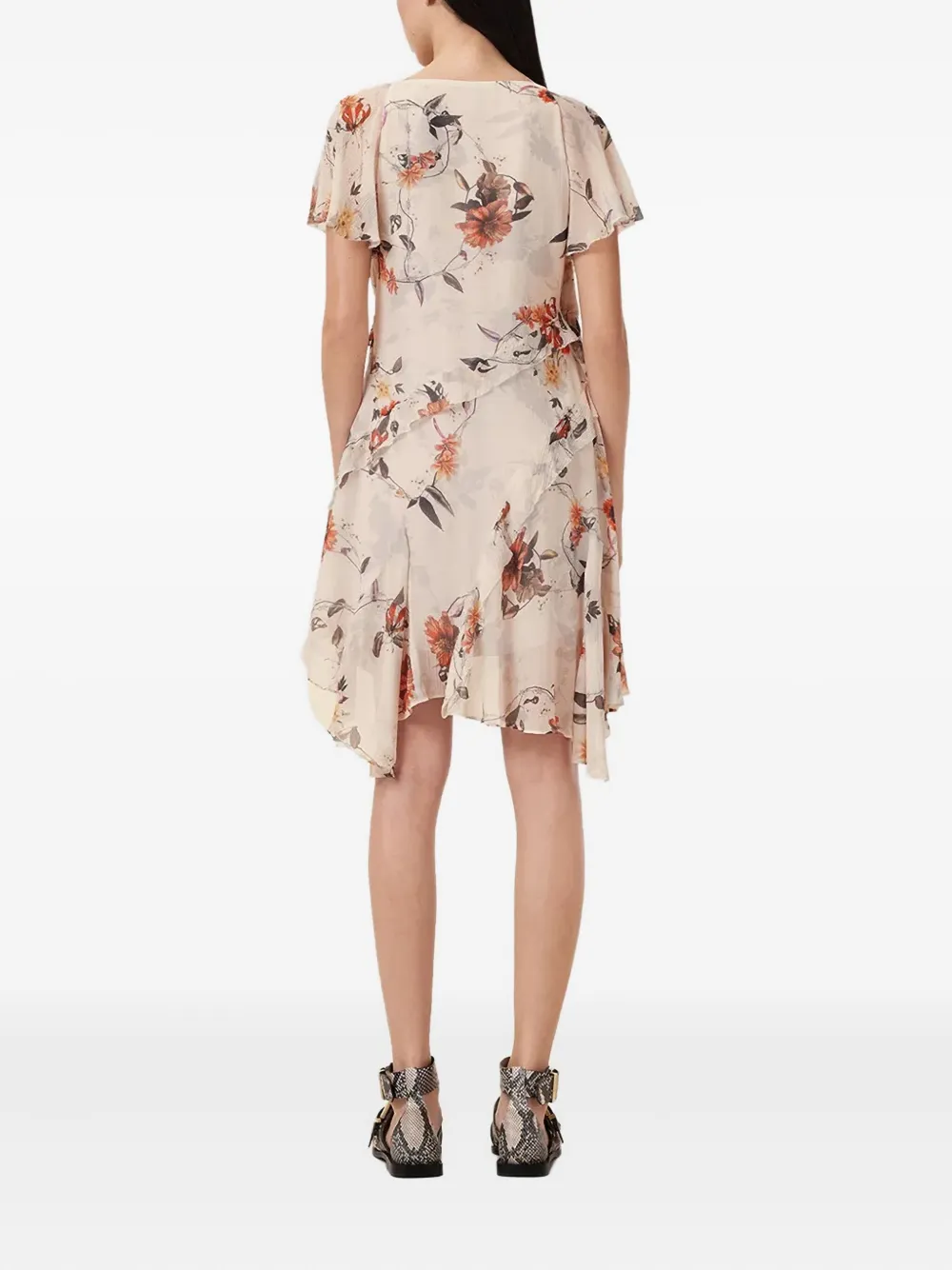 AllSaints Darma jurk met bloemenprint en ruches Beige
