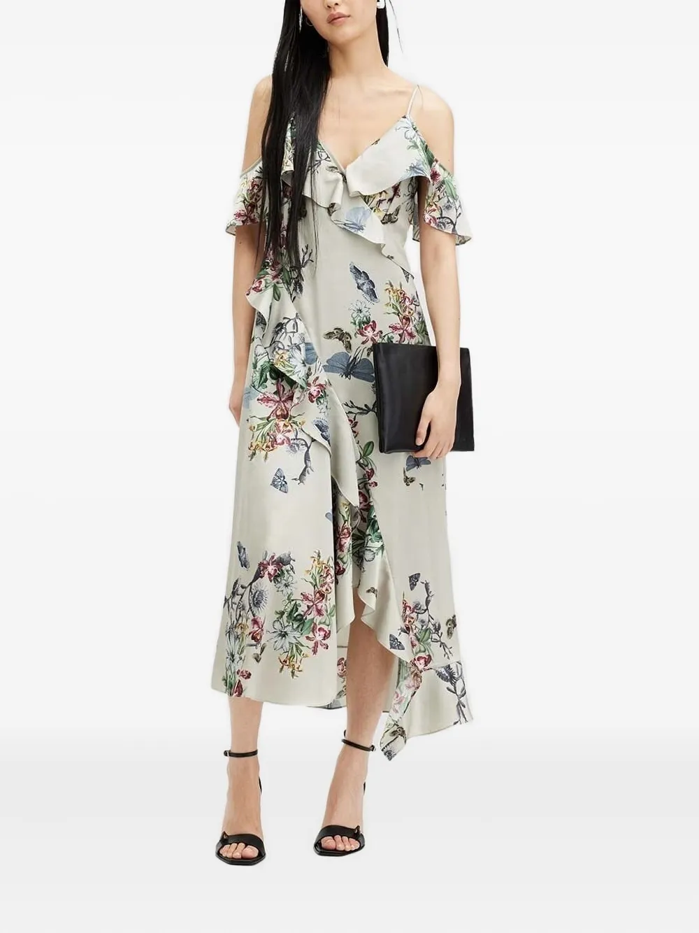 AllSaints Midi-jurk met bloemenprint en ruches Beige