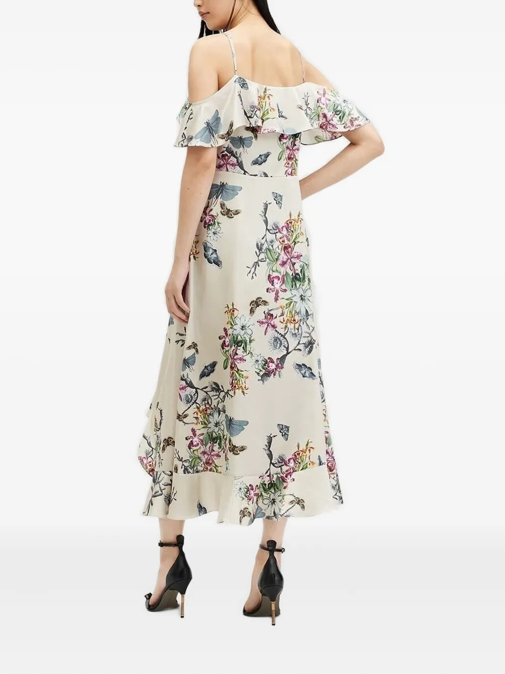 AllSaints ruffle-detail floral-print midi dress - Beige