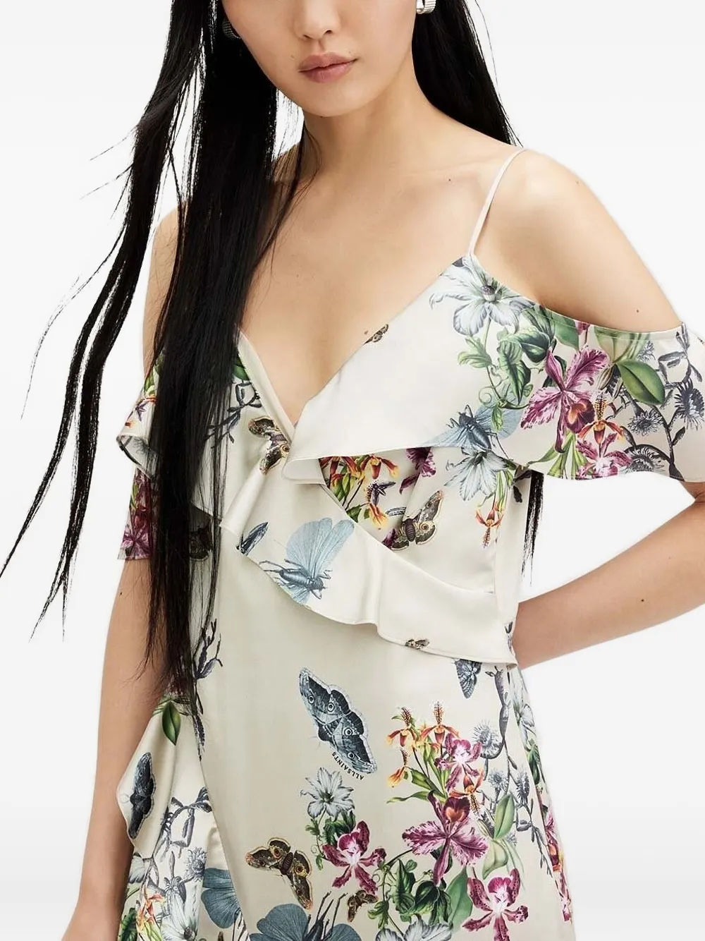 AllSaints Midi-jurk met bloemenprint en ruches Beige