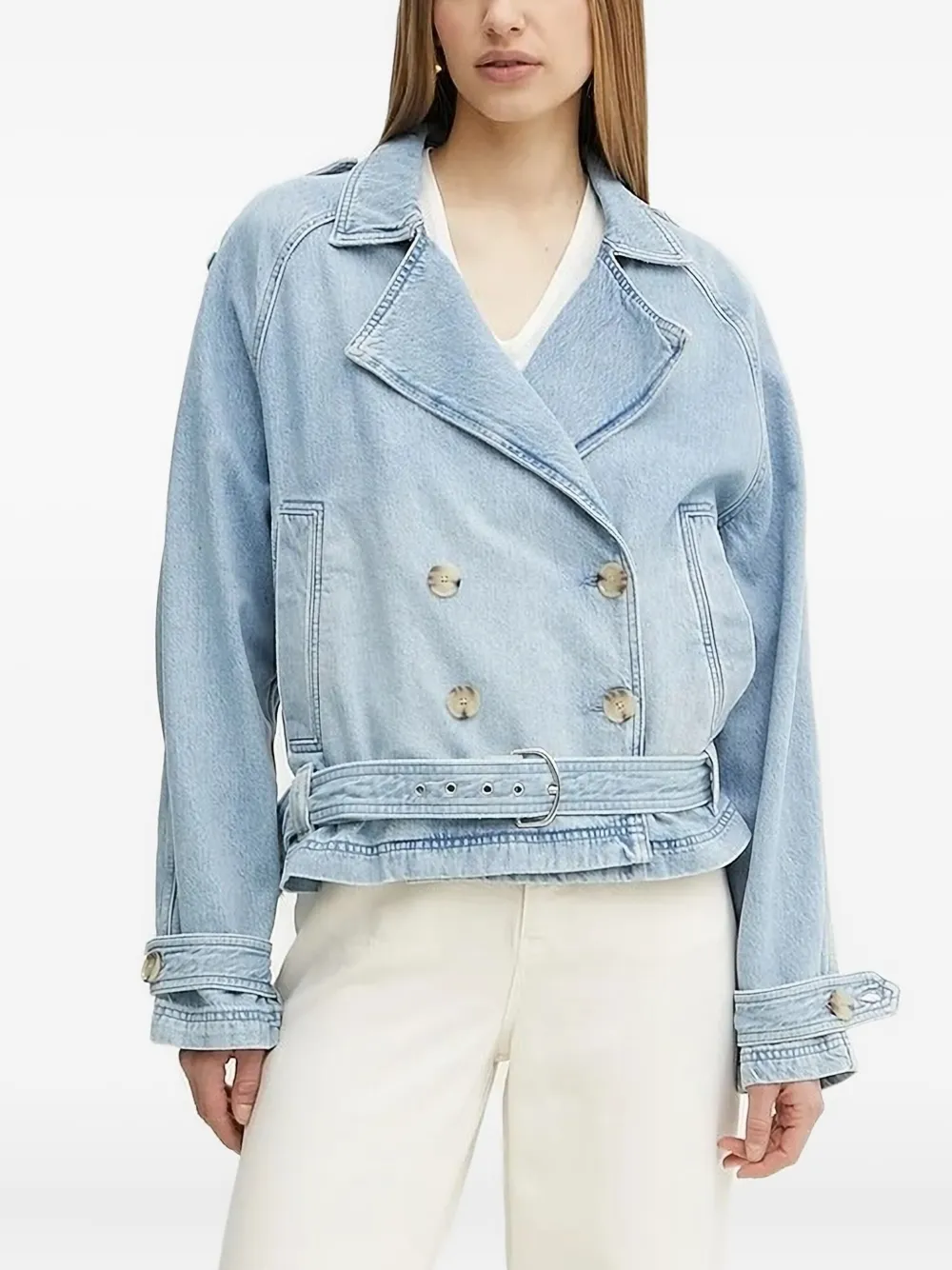 BOSS Denim jack met dubbele rij knopen en ceintuur Blauw