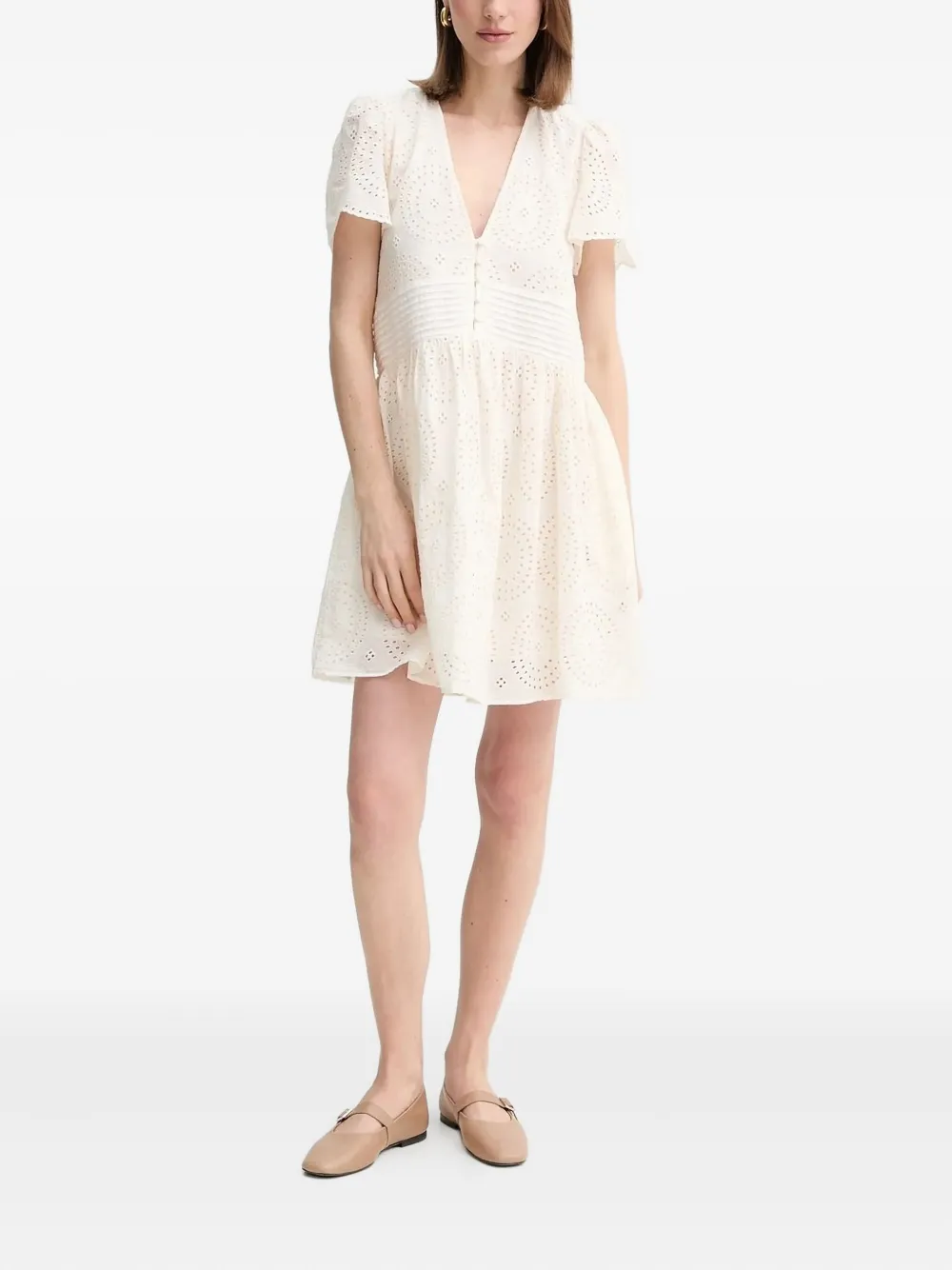 Hugo Boss Eyelet-embroidered Puff-sleeve Mini Dress In White