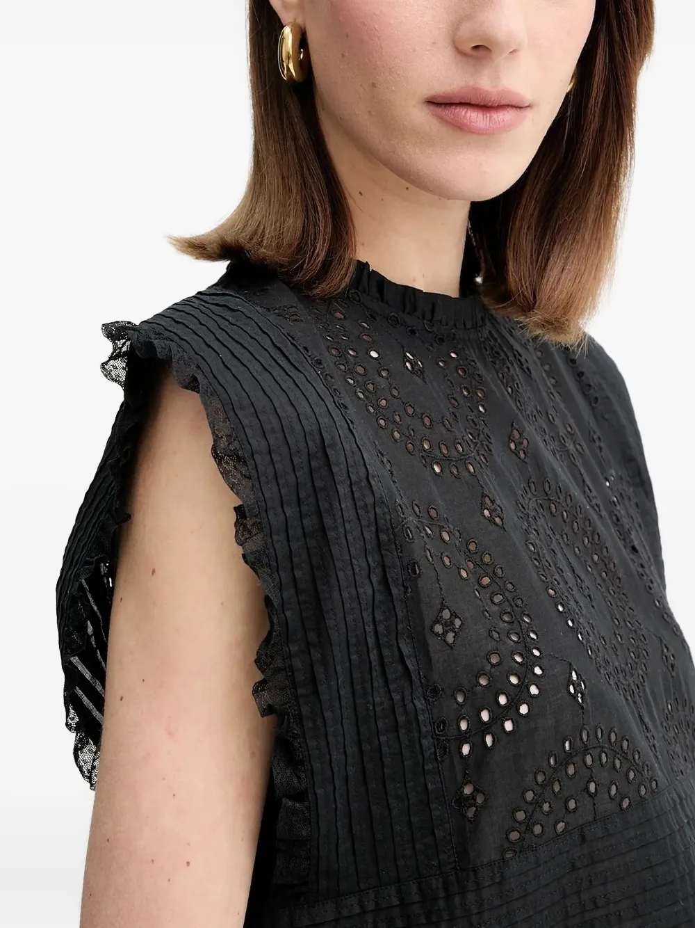 Hugo Boss Regular-fit Blouse In Cotton Broderie With Pleat Details In Black