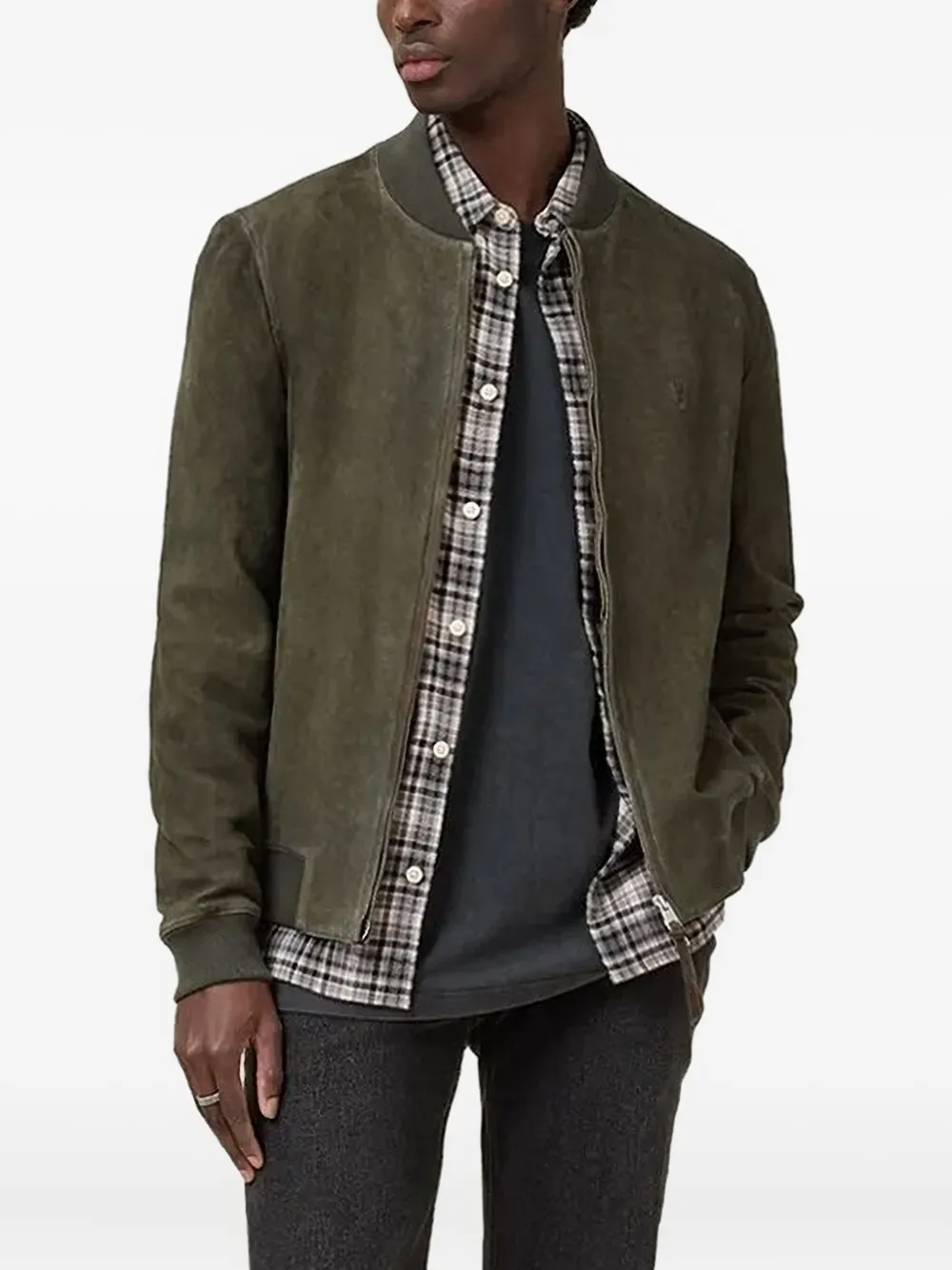 Allsaints Buckley Regular Fit Waxed Goat Suede Bomber Jacket In Green