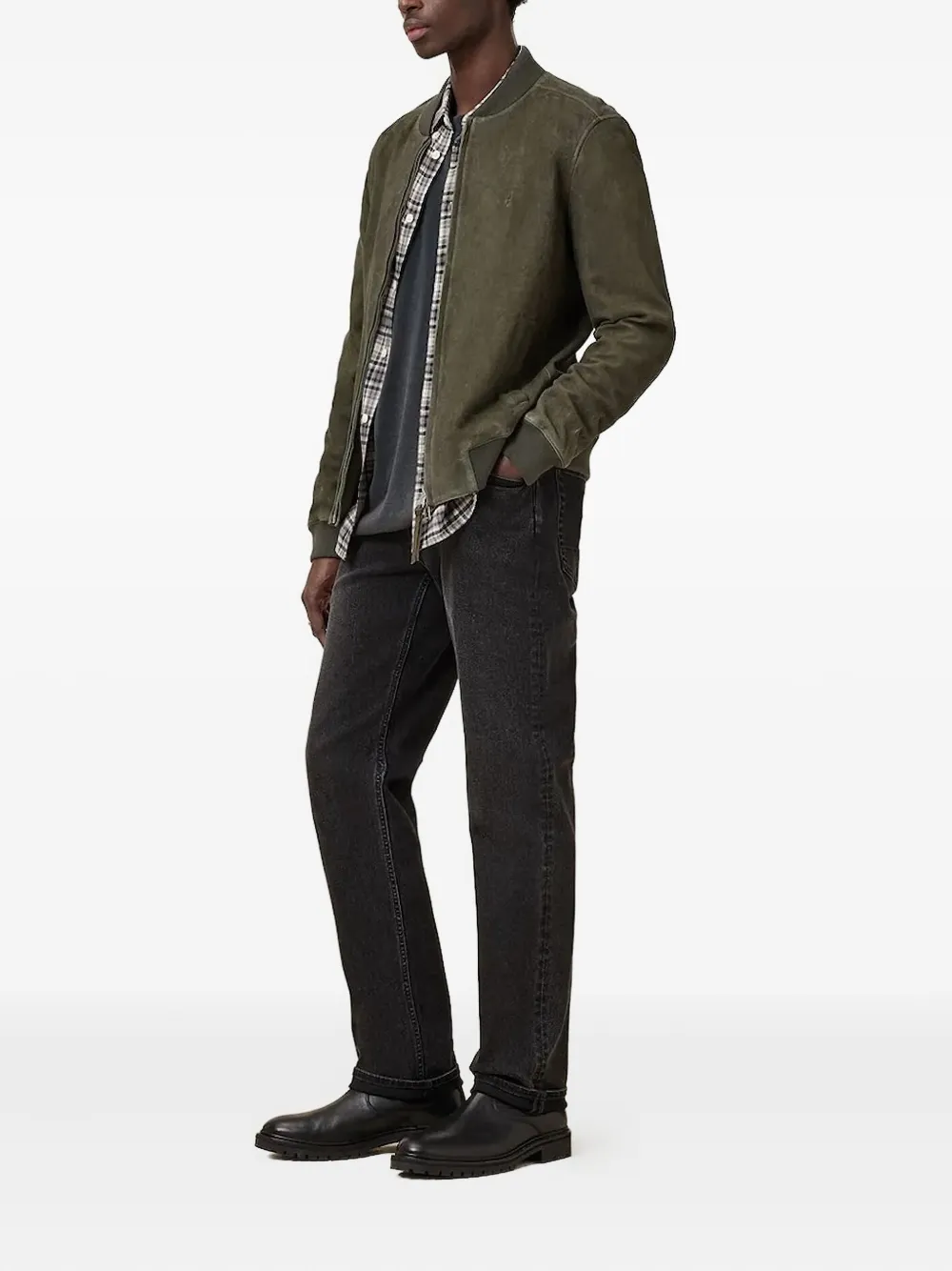Allsaints Buckley Regular Fit Waxed Goat Suede Bomber Jacket In Green