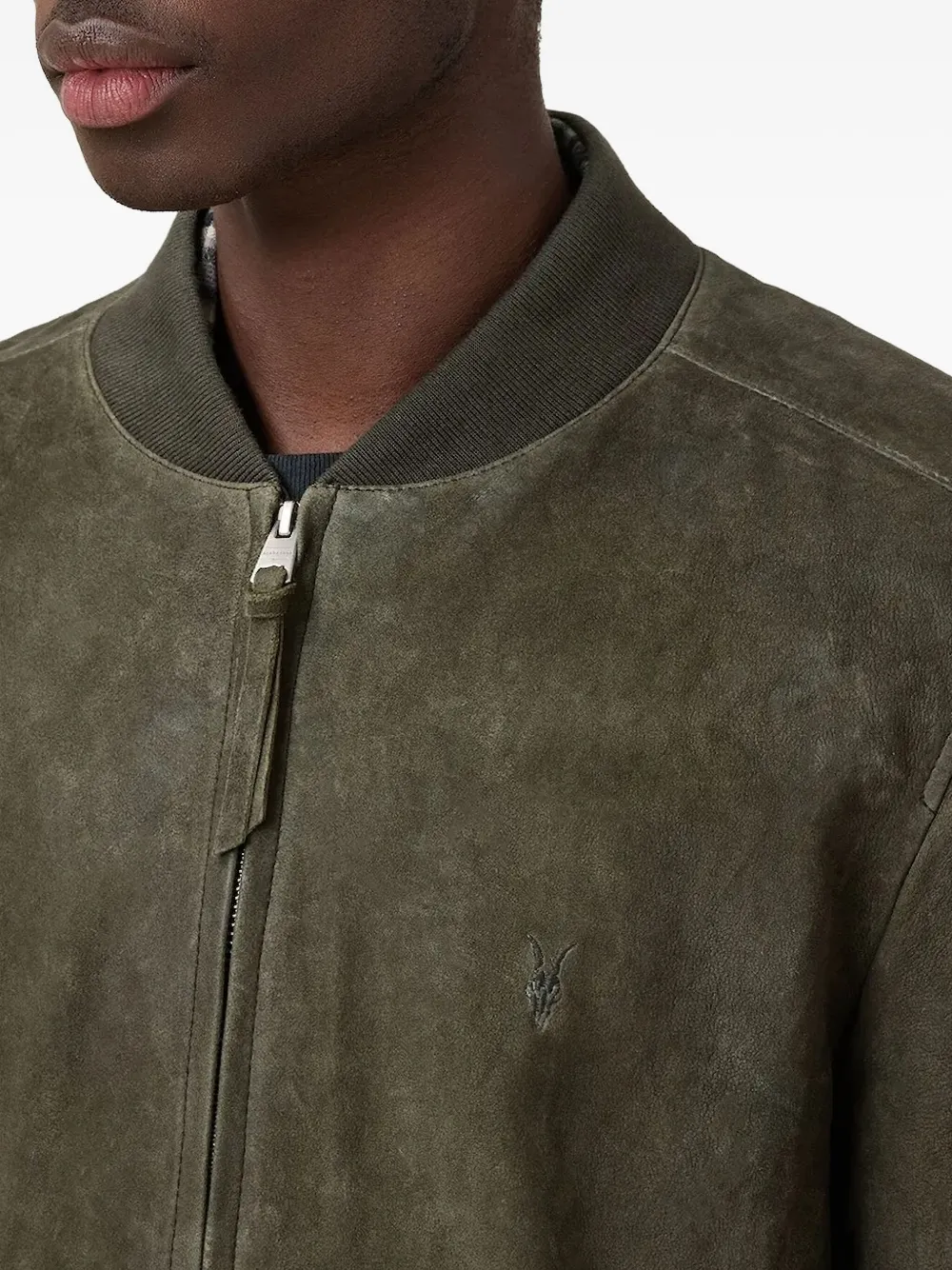 Allsaints Buckley Regular Fit Waxed Goat Suede Bomber Jacket In Green