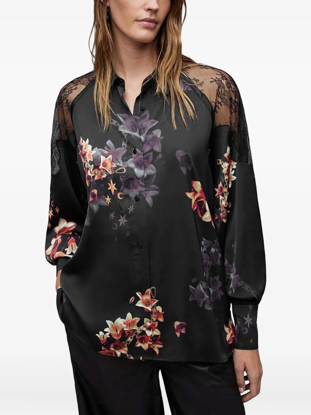AllSaints Shirt met bloemenkant Zwart
