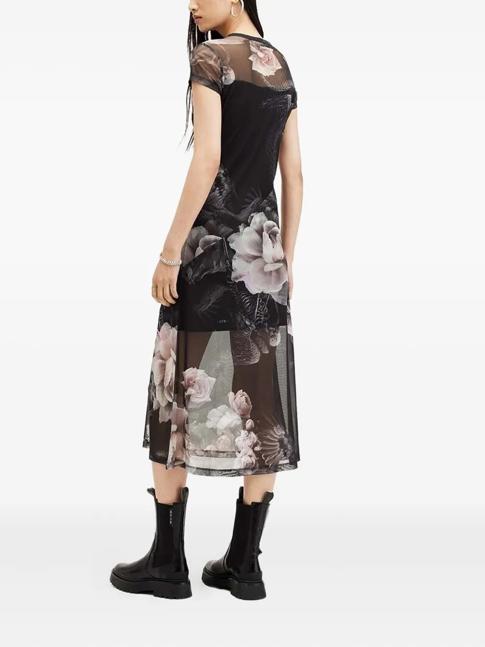 Allsaints Hanna Valley Floral-print Mesh Midi Dress In Black