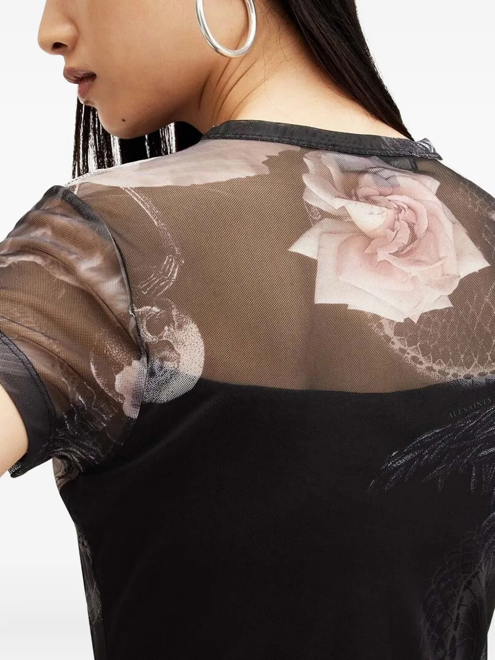 Allsaints Hanna Valley Floral-print Mesh Midi Dress In Black