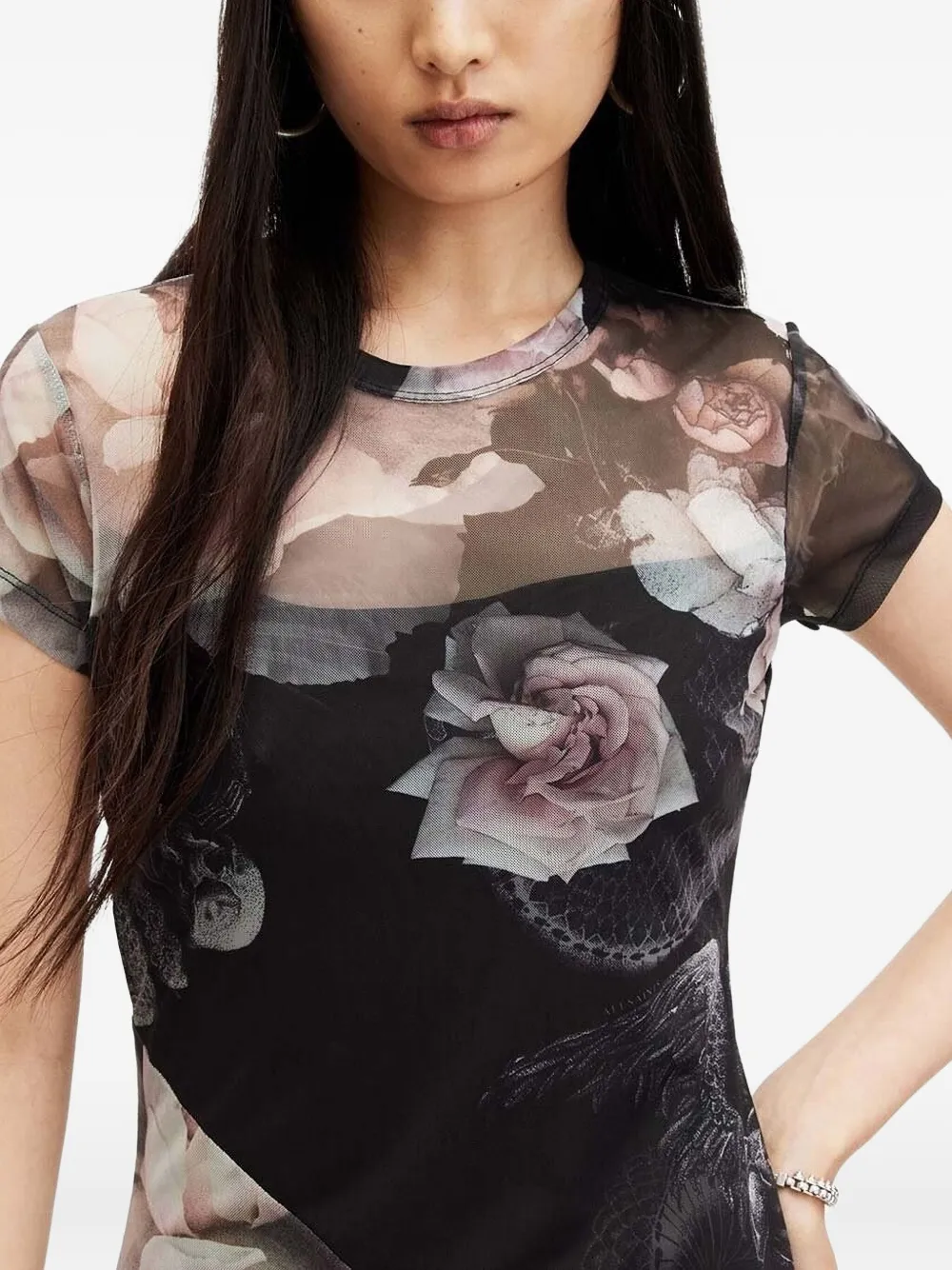 Allsaints Hanna Valley Floral-print Mesh Midi Dress In Black