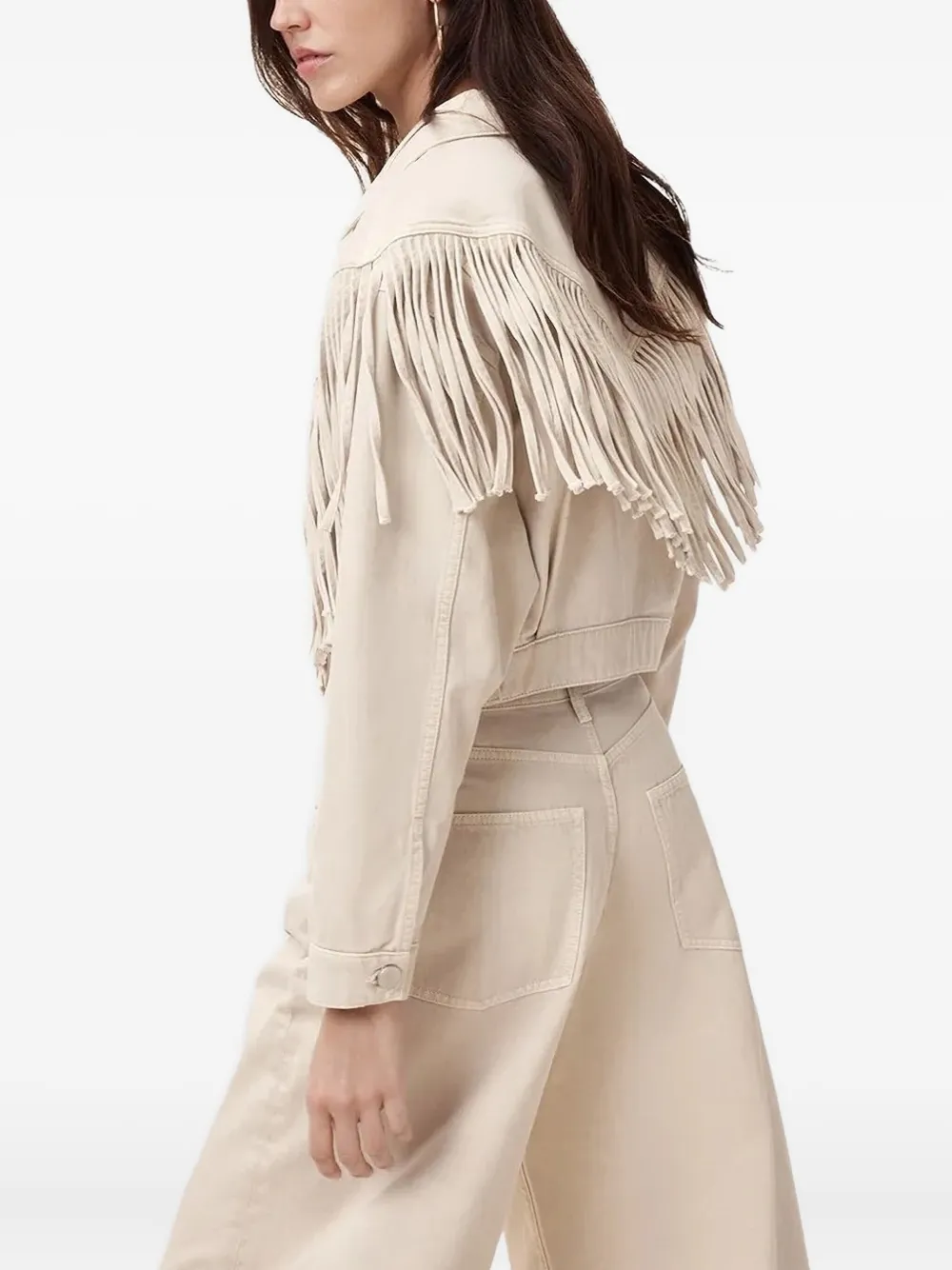 Allsaints Marlene Fringe Trim Denim Jacket In White