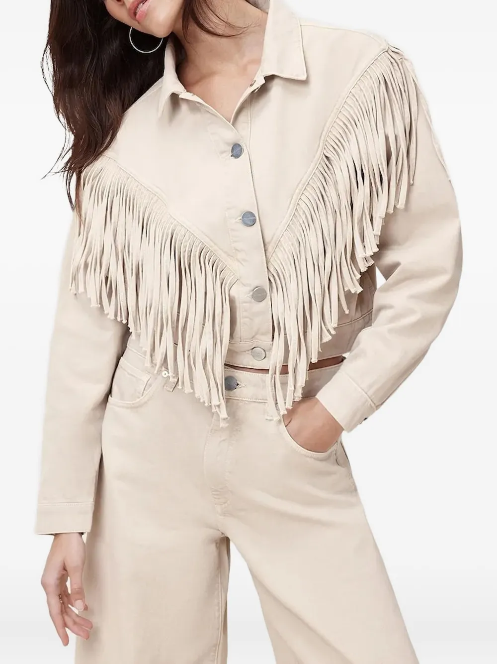 Allsaints Marlene Fringe Trim Denim Jacket In White