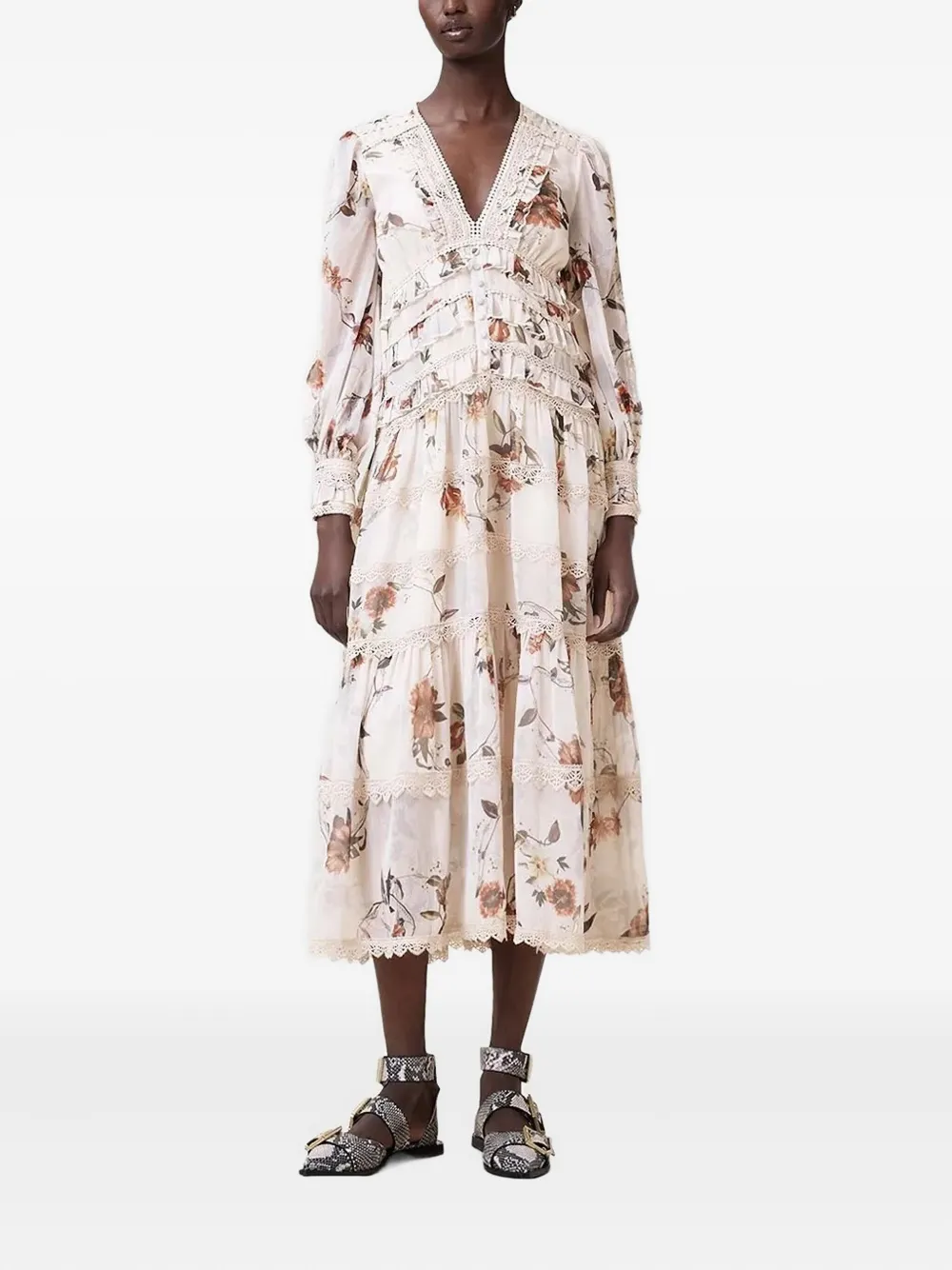 AllSaints Zora midi-jurk met bloemenprint en kanten vlakken Beige