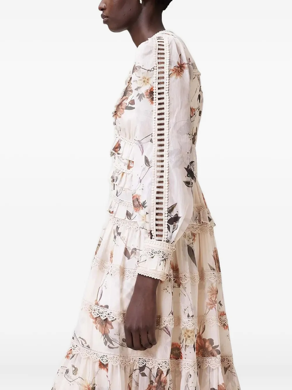 AllSaints Zora midi-jurk met bloemenprint en kanten vlakken Beige