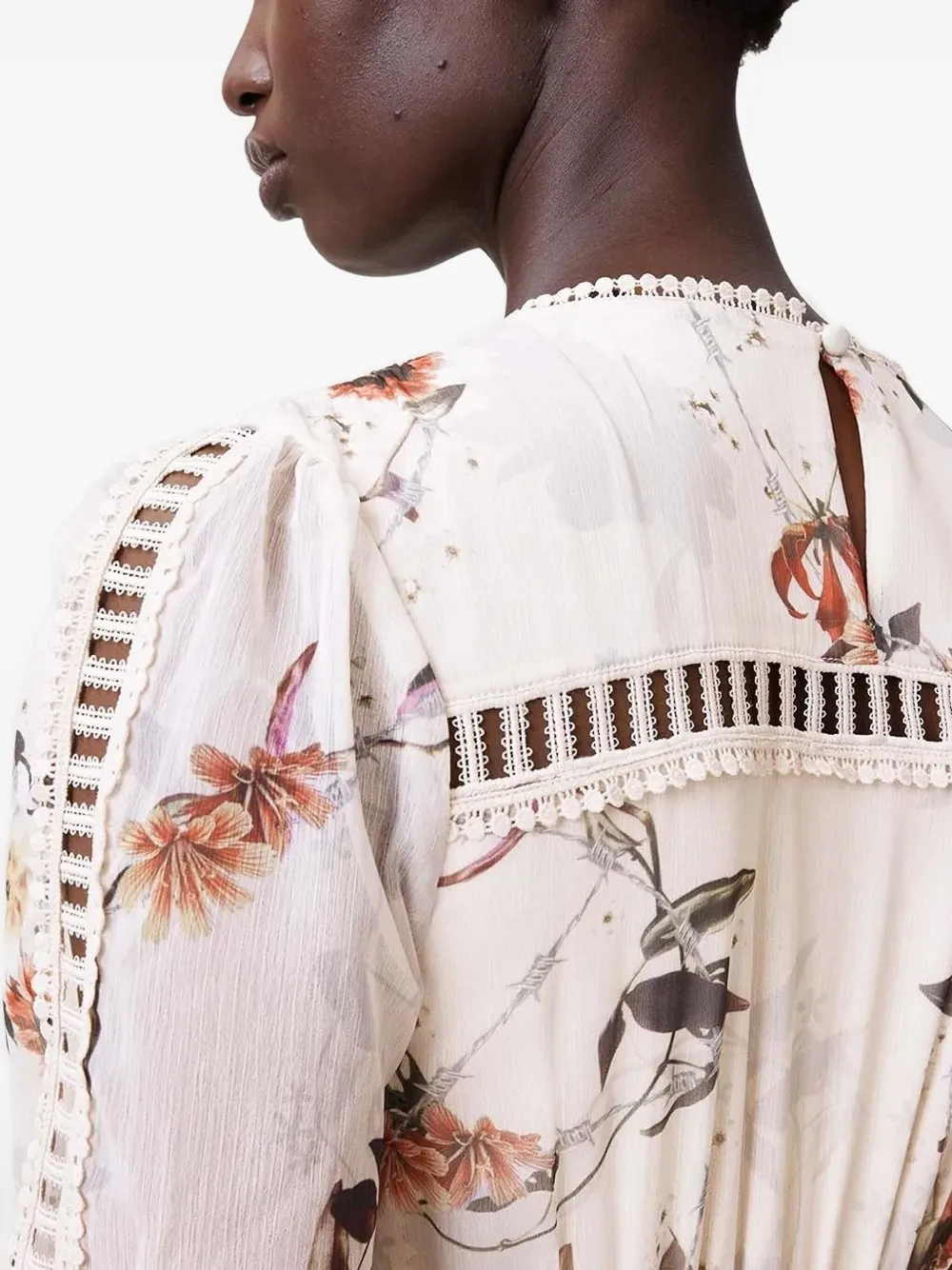 AllSaints Zora midi-jurk met bloemenprint en kanten vlakken Beige