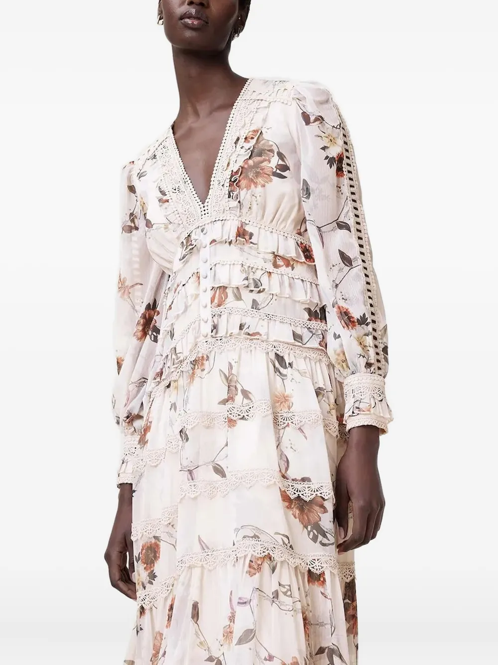 AllSaints Zora midi-jurk met bloemenprint en kanten vlakken Beige