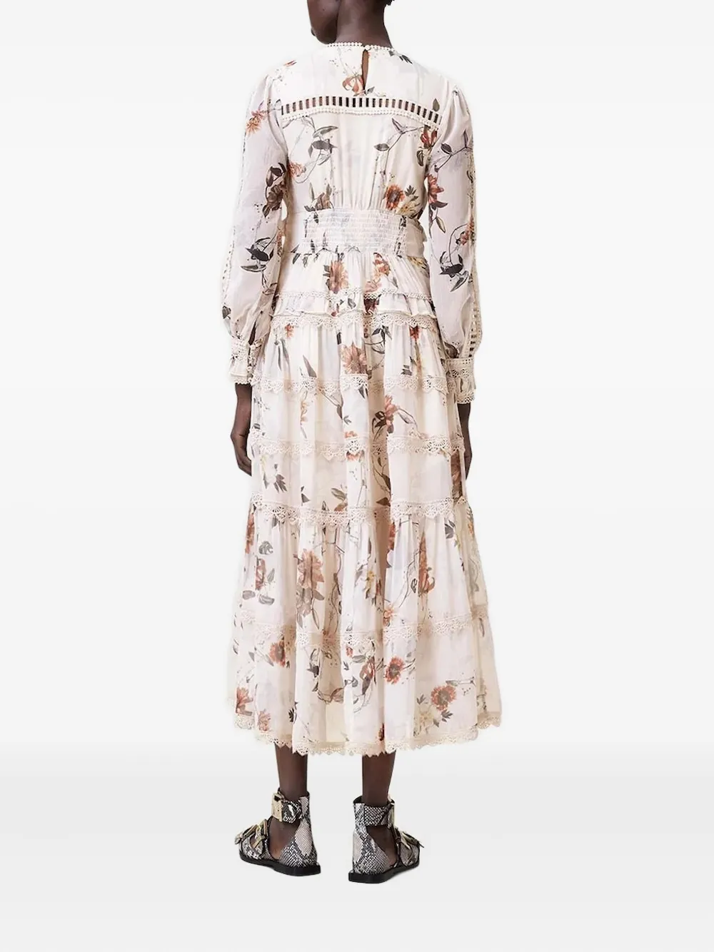 AllSaints Zora midi-jurk met bloemenprint en kanten vlakken Beige
