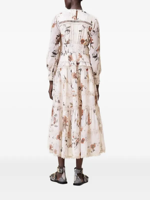 AllSaints Zora floral-print lace-insert Midi Dress | Neutrals