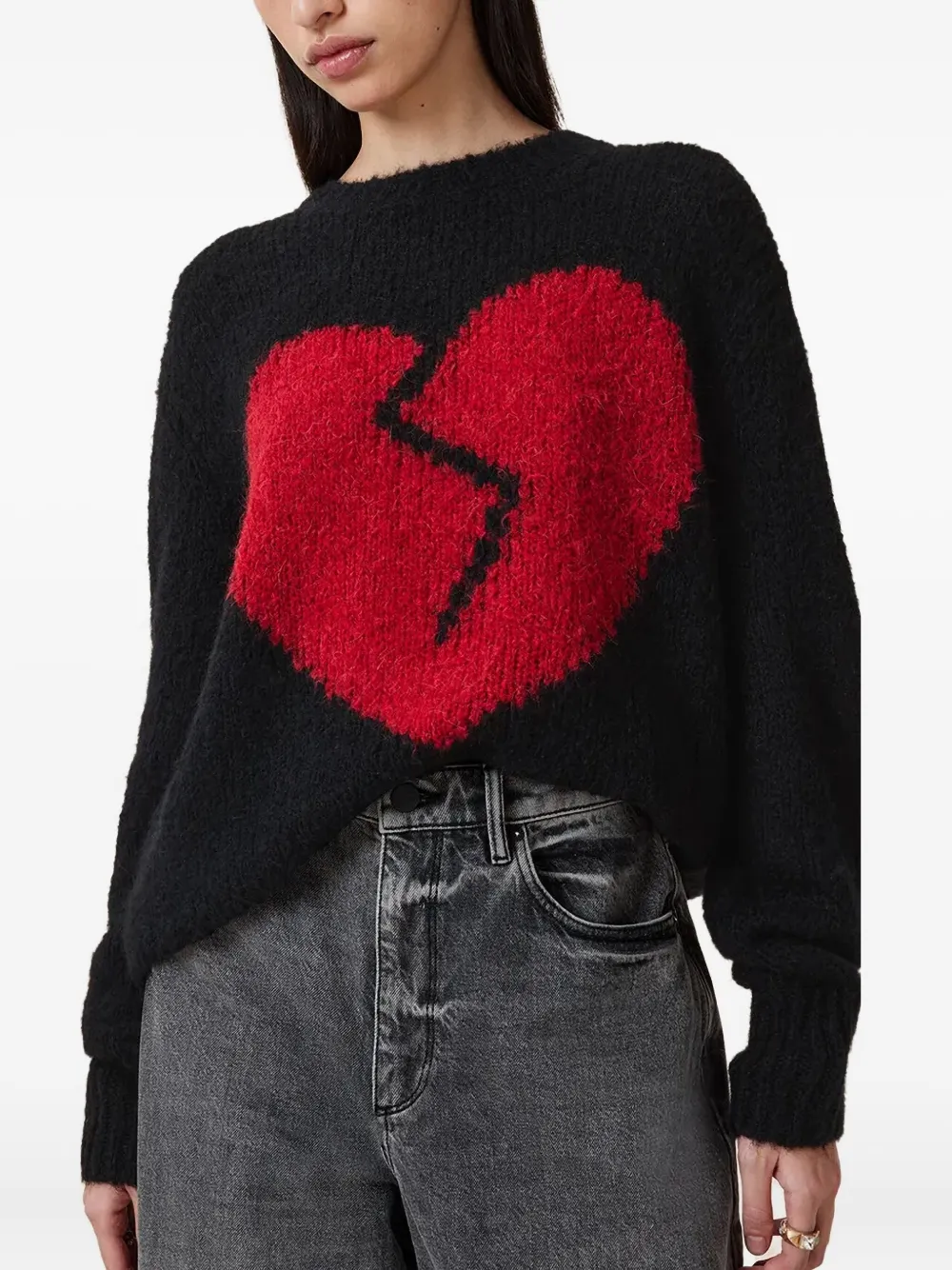 Allsaints Luv Heart Intarsia Crewneck Sweater In Black
