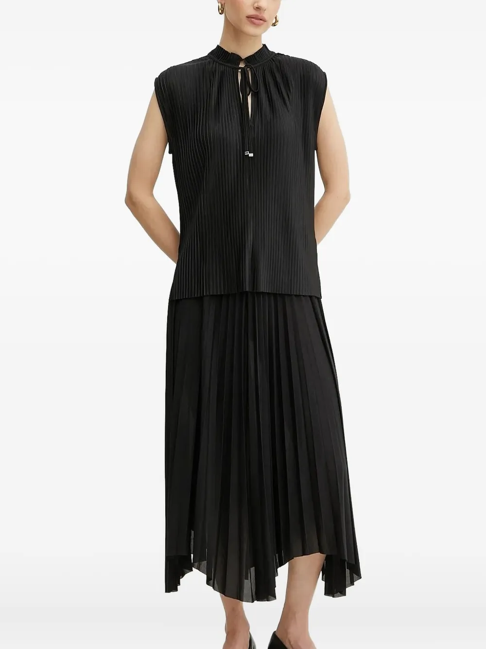 Hugo Boss Pleated Tie-neck Blouse In Black