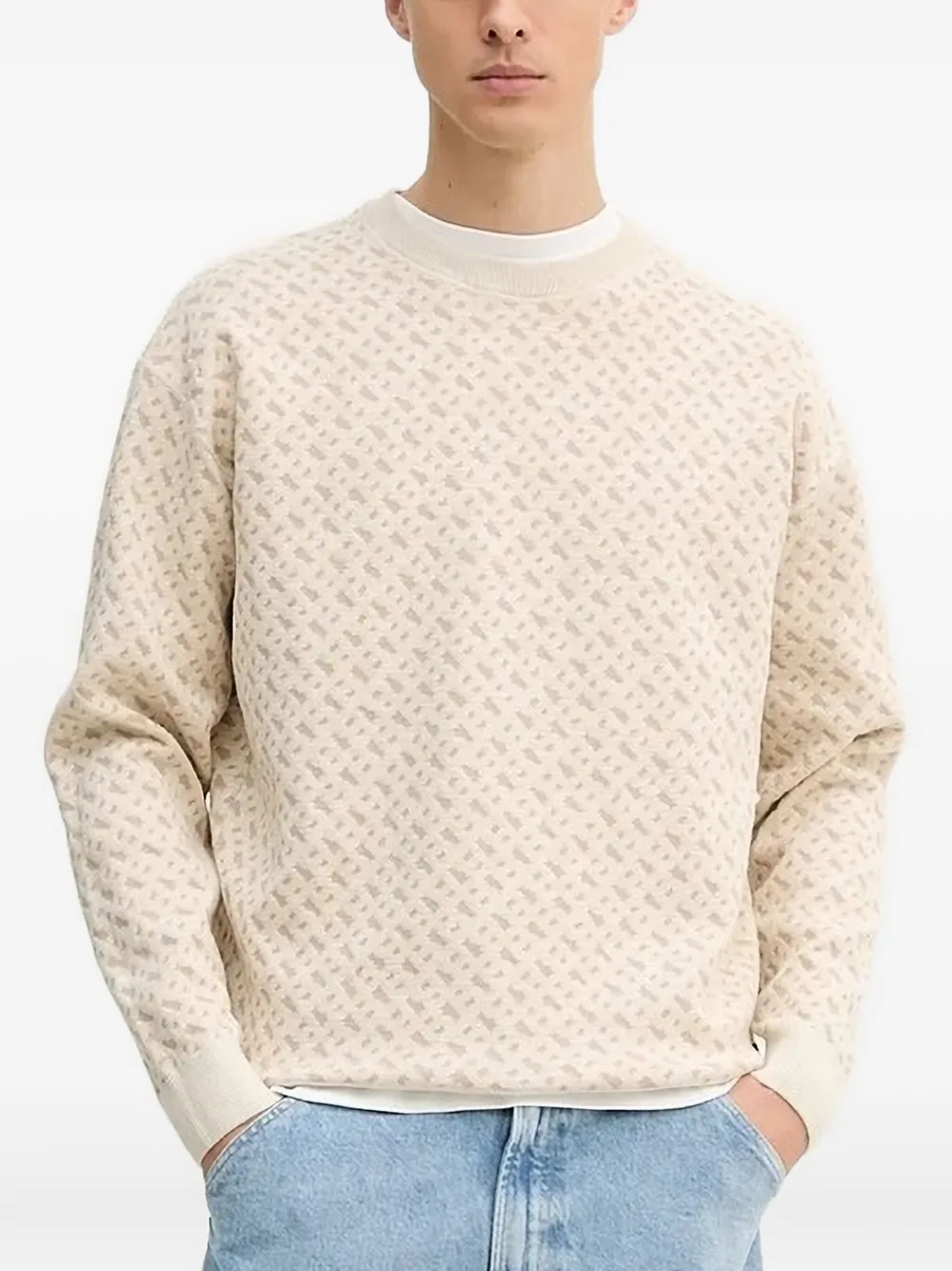 BOSS geometric-pattern crew-neck sweater Beige