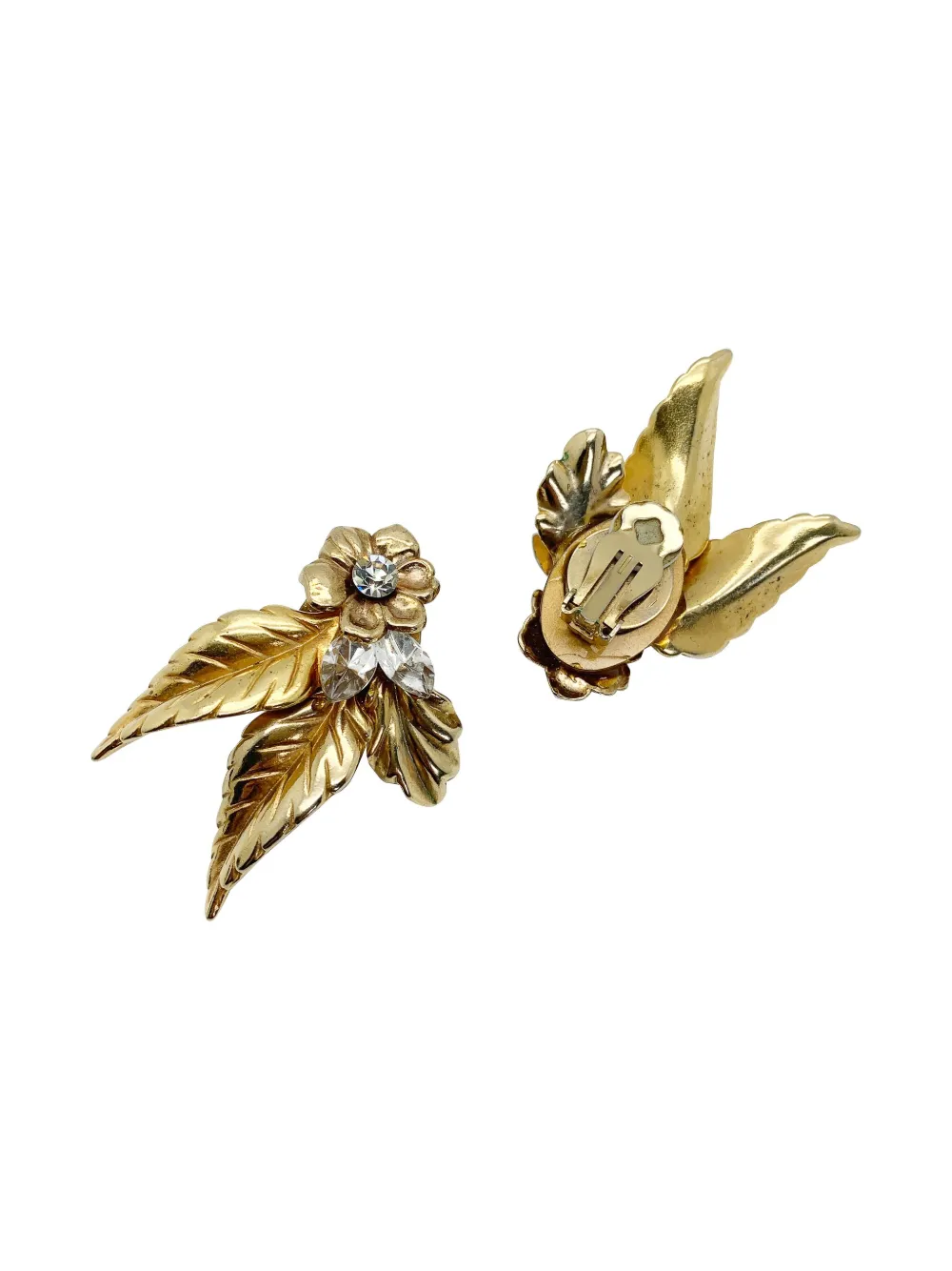 Pre-owned Jennifer Gibson Jewellery 1950s Crystal Leaf Earrings In Gold