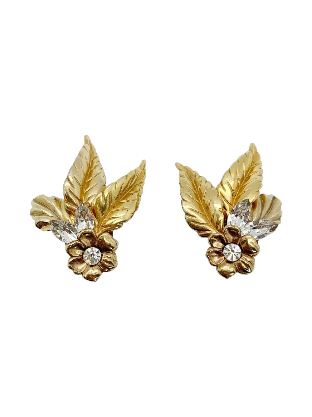 Pre-owned Jennifer Gibson Jewellery 1950s Crystal Leaf Earrings In Gold