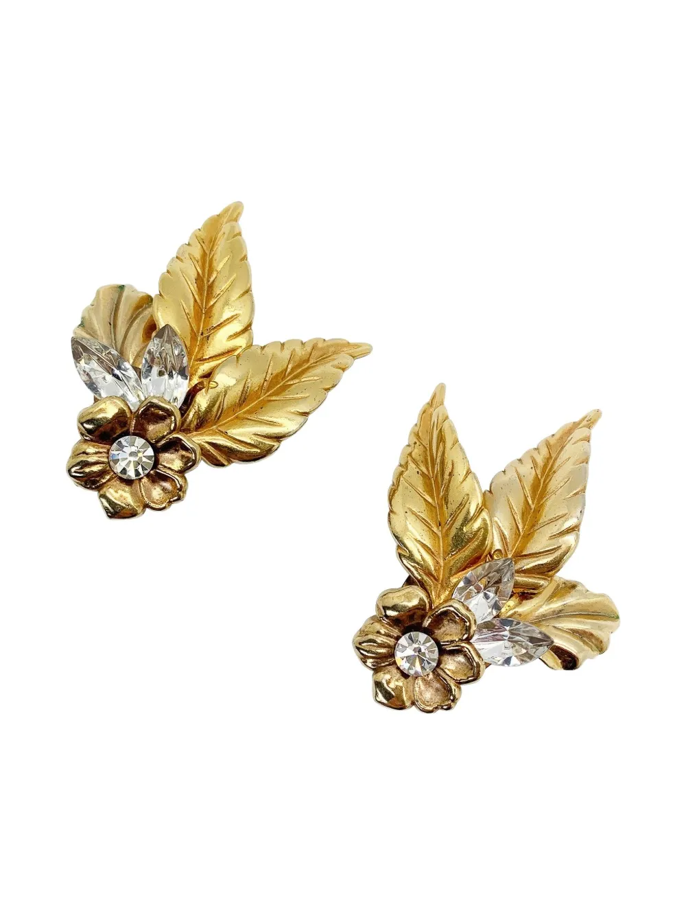 Pre-owned Jennifer Gibson Jewellery 1950s Crystal Leaf Earrings In Gold