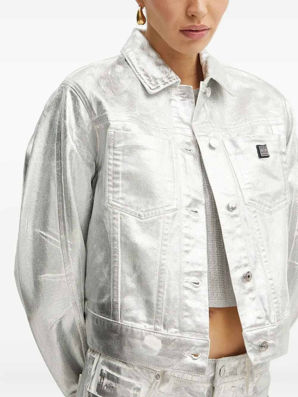 Armani Exchange Metallic-finish Denim Jacket In Gray
