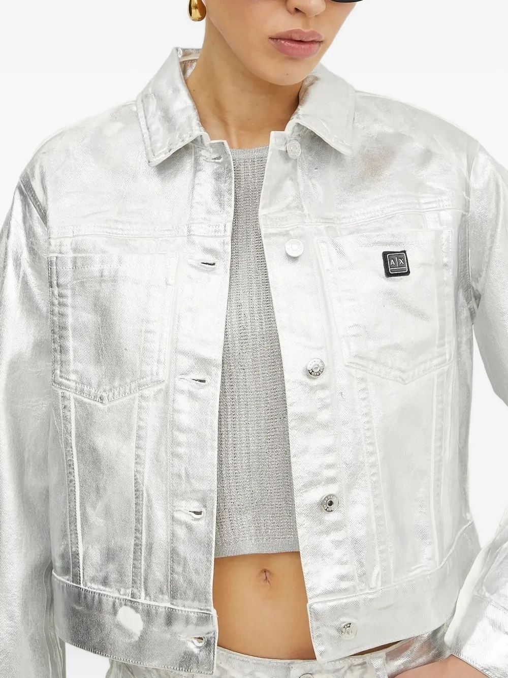 Armani Exchange Metallic-finish Denim Jacket In Gray