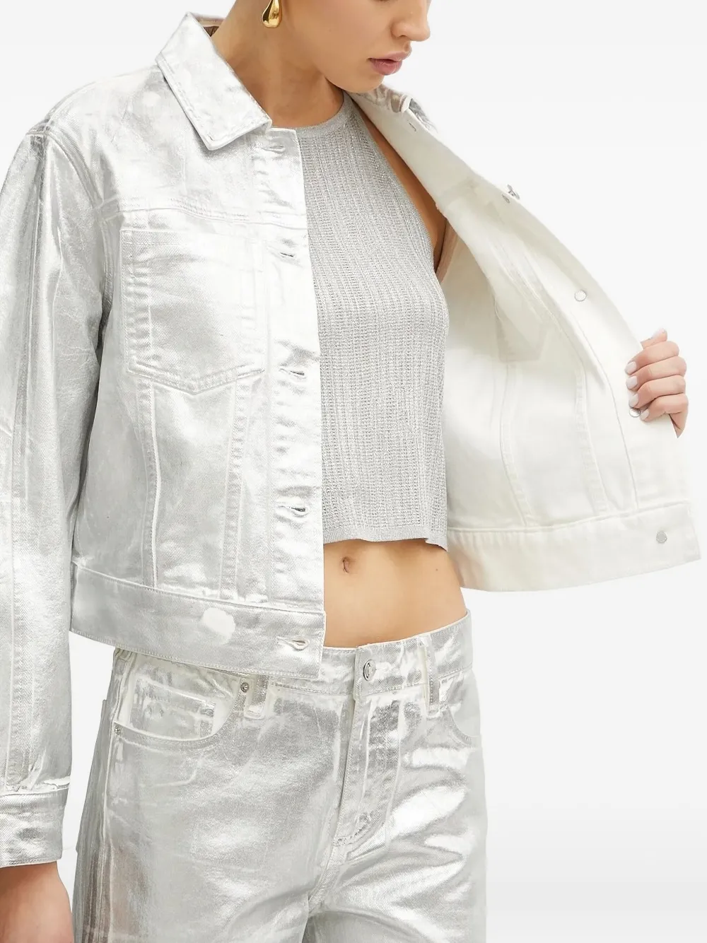 Armani Exchange Metallic-finish Denim Jacket In Gray