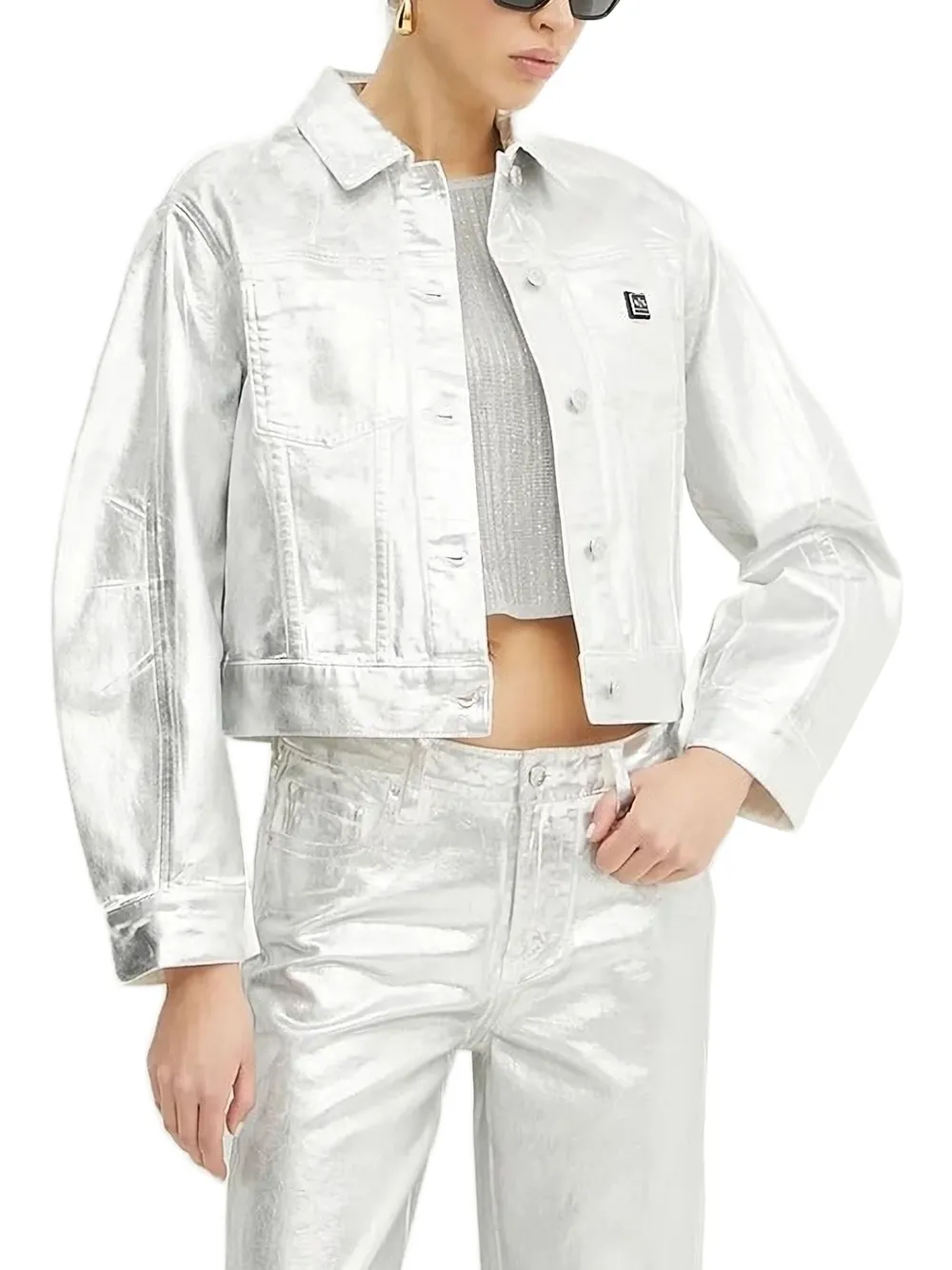 Armani Exchange Metallic-finish Denim Jacket In Gray