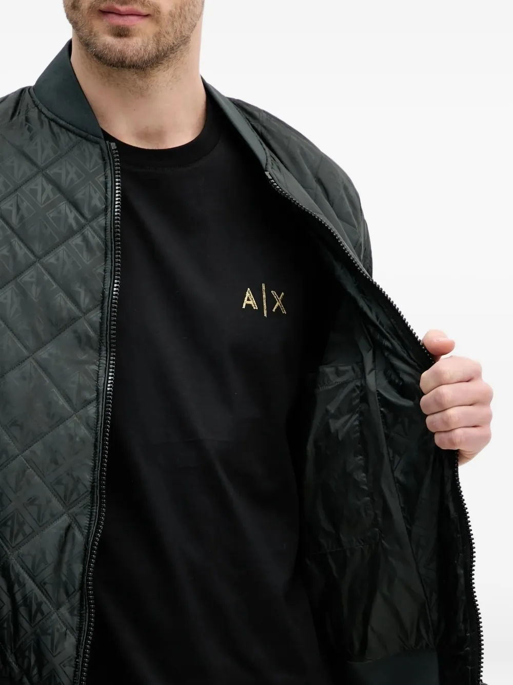 Armani Exchange Monogram-pattern Quilted Bomber Jacket In Green