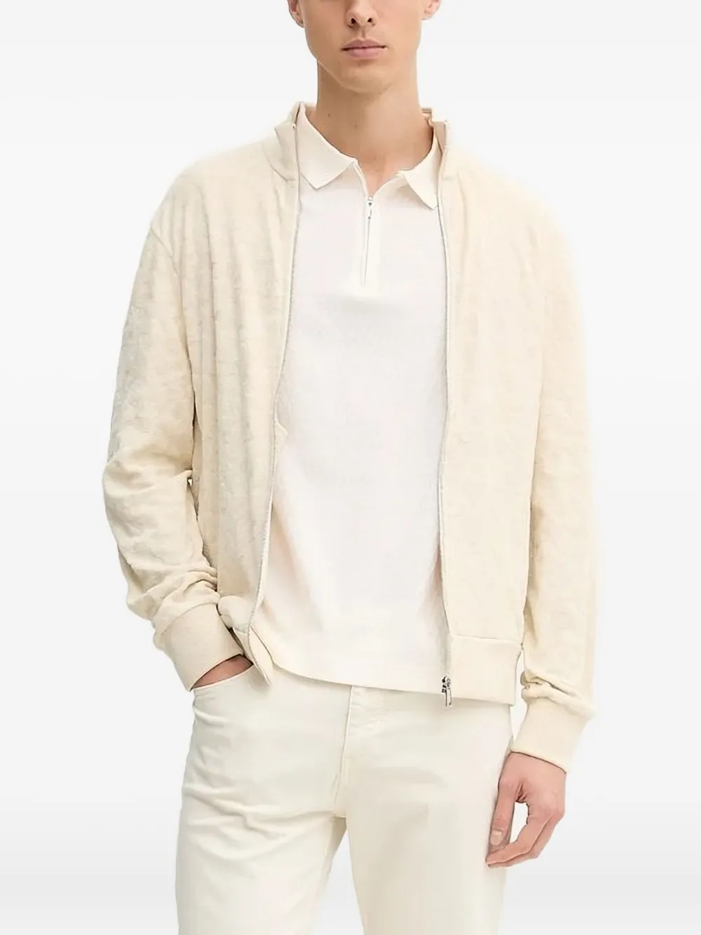 BOSS textured zip-up sweater Beige