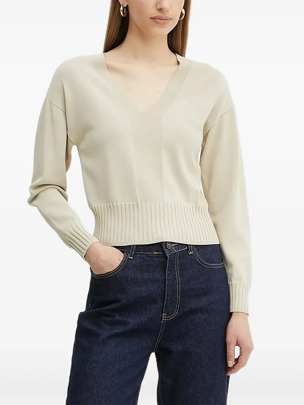 Armani Exchange Geribbelde trui met V-hals Beige
