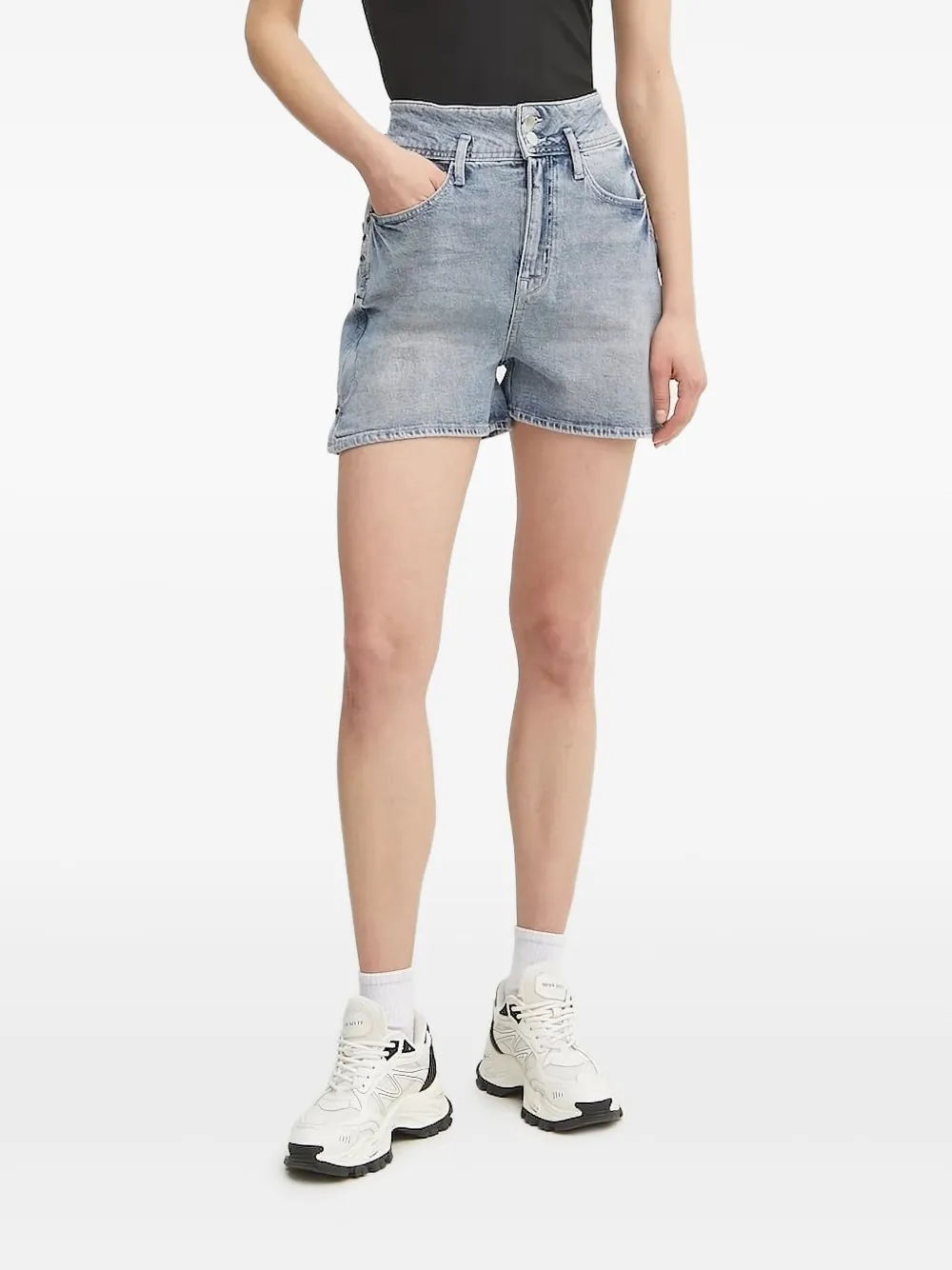 Armani Exchange Logo-patch Denim Mini Shorts In Blue