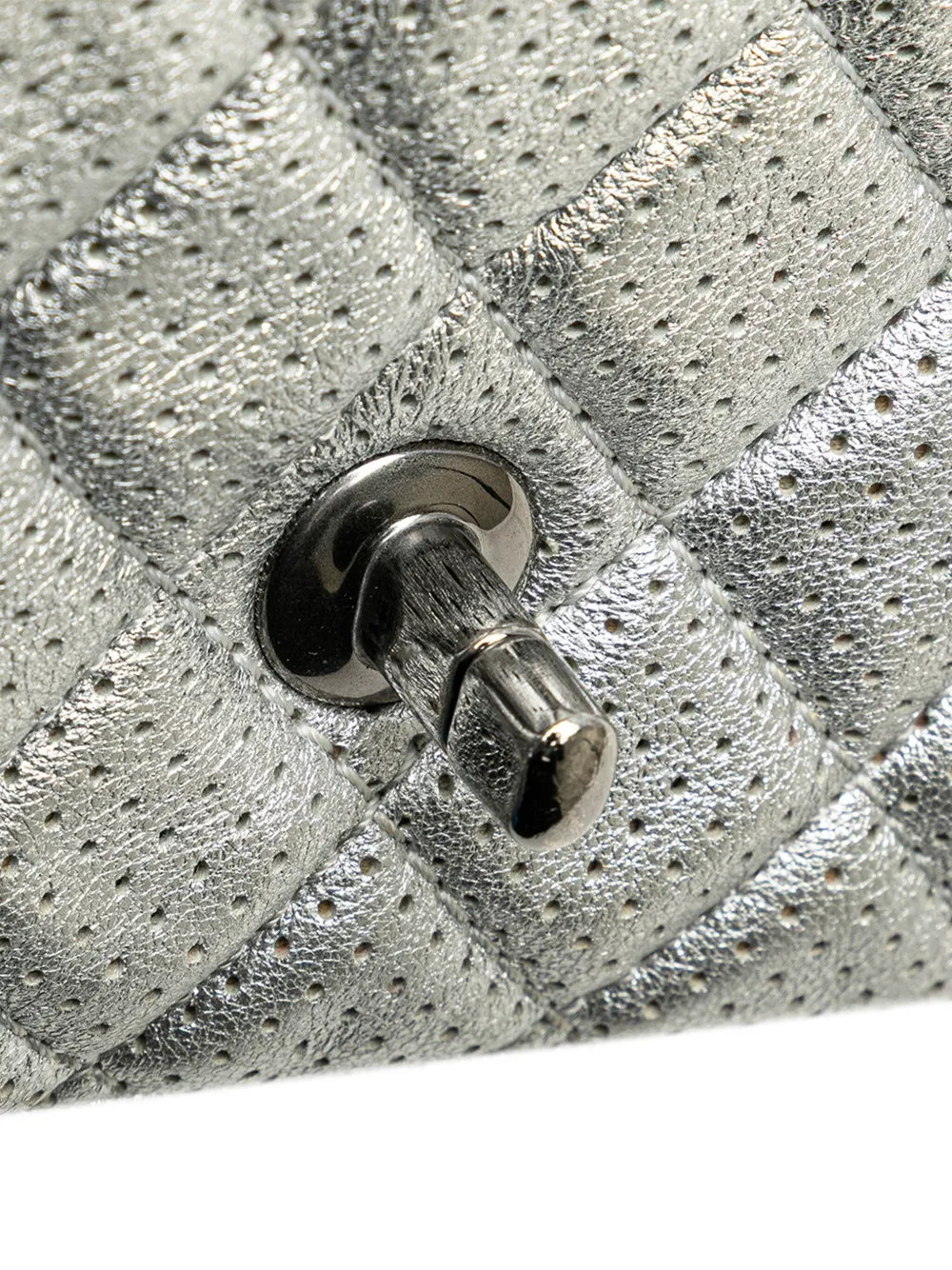 Pre-owned Chanel 2014 Mini Perforated Lambskin Punch Flap Crossbody Bag In Silver