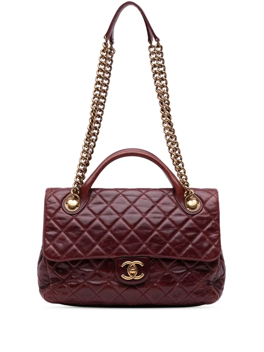 CHANEL Pre-Owned 2013-2014 Medium Glazed Calfskin Castle Rock Top Handle Flap satchel | Red | Image 1