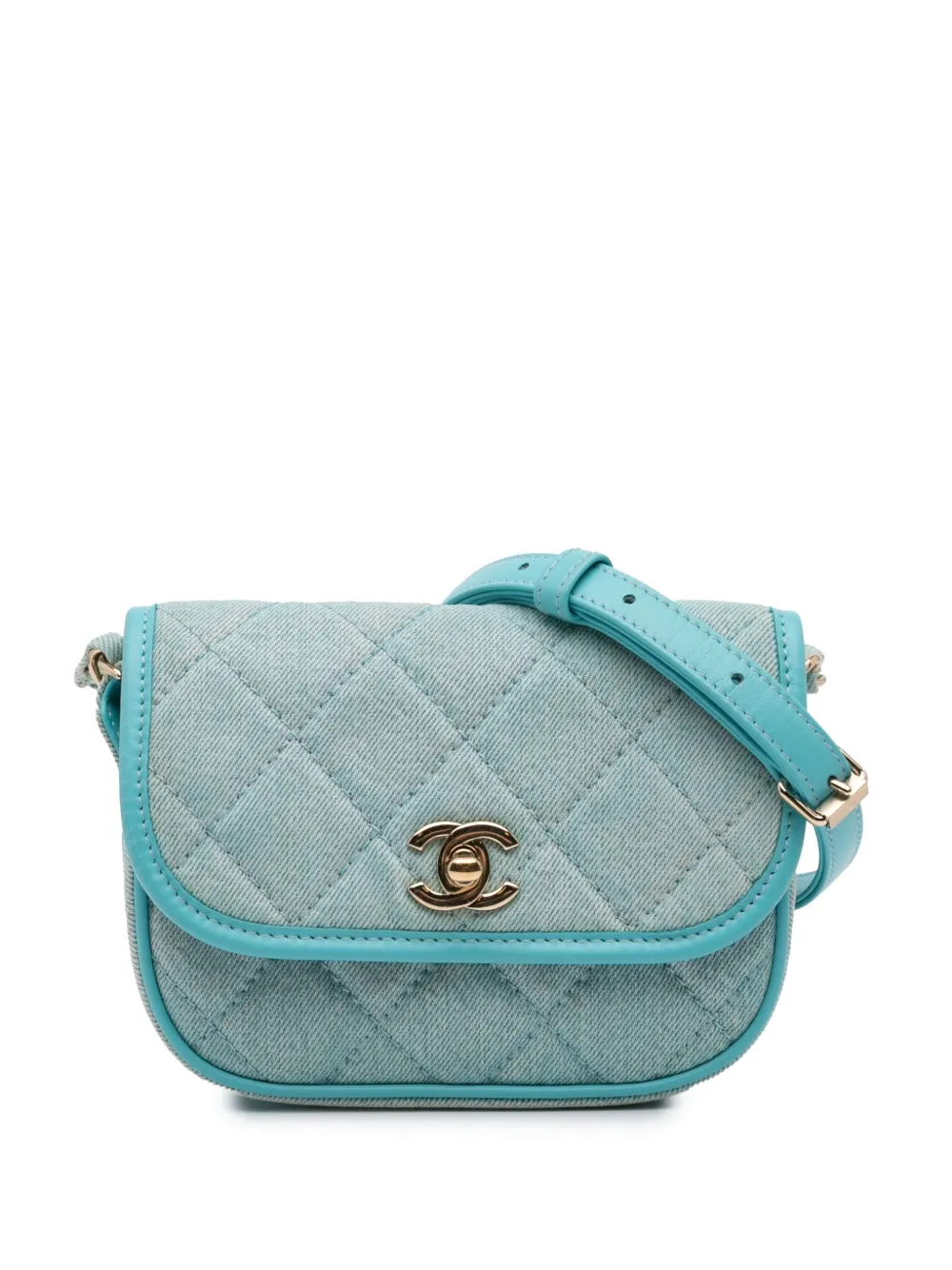CHANEL Pre-Owned Borsa messenger CC mini in denim trapuntato con battente e tracolla 2021 - Blu